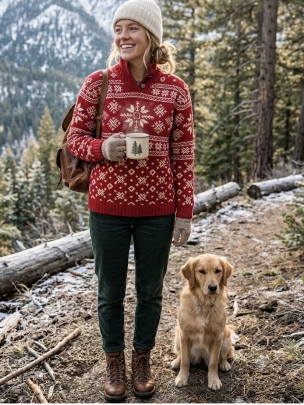 Hand Knit Ralph Lauren Chunky Red snowflake fair isle cotton sweater funnel neck